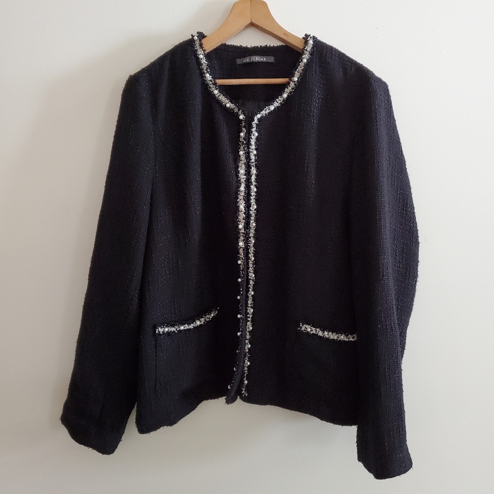 Liz Jordan Tweed Prep Blazer Jacket Black White Trim Pearls Size Small